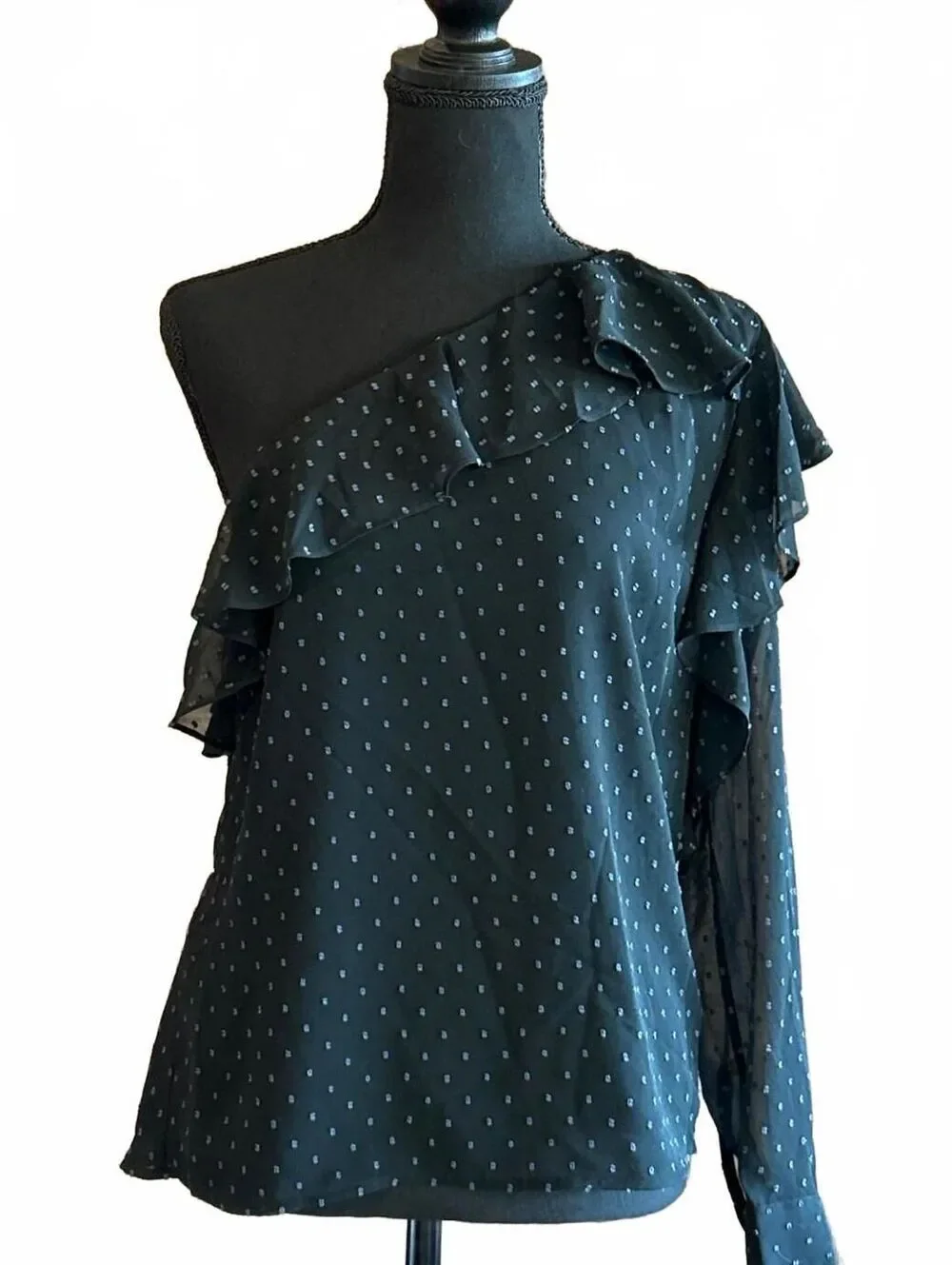 NWT Avec Les Filles Black Blue Polka Dot One Shoulder Ruffle Blouse Small Sheer